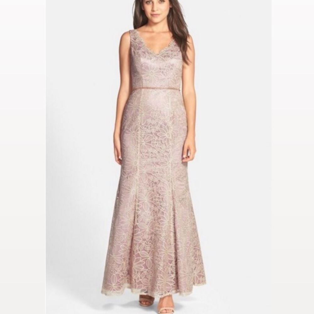 JS Collections Floral Embroidered Mesh Illusion Mermaid Gown